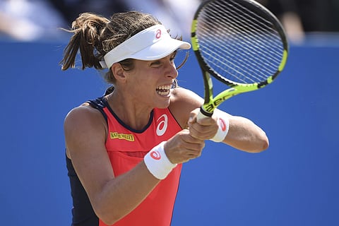 Great Britain's Johanna Konta plays a return to Slovakia's Magdalena Rybarikova during day six of the Nottingham Open at Nottingham Tennis Centre. | AP