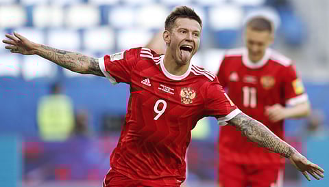 Russia's Fedor Smolov celebrates after scoring his side's second goal during the Confederations Cup, Group A soccer match between Russia and New Zealand, at the St. Petersburg Stadium, Russia, Saturday, June 17, 2017. | AP