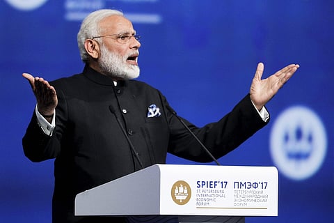 India's Prime Minister Narendra Modi addresses the St. Petersburg International Economic Forum in St.Petersburg Russia Friday June 2 2017. | AP