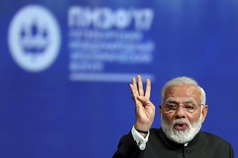 Indian Prime Minister Narendra Modi speaks at the St. Petersburg International Economic Forum in St. Petersburg Russia Friday June 2 2017. | AP