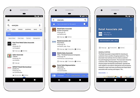 This image provided by Google shows examples of help-wanted listings displayed on a smartphone. Google is trying to turn its search engine into an employment engine. (File | Associated Press)