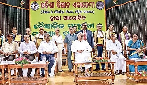 The awardees with Chief Minister Naveen Patnaik and other guests at Jaydev Bhawan in Bhubaneswar on Thursday | Express