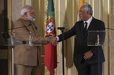 India's Prime Minister Narendra Modi, left and Portuguese Prime Minister Antonio Costa shake hands after a joint statement at the Necessidades Palace, the Portuguese Foreign Ministry in Lisbon, Portugal, Saturday June 24, 2017. Modi is on a one day visit