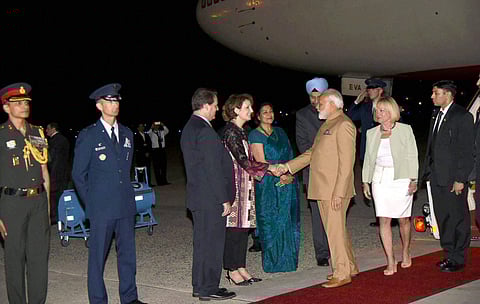 Prime Minister Narendra Modi being welcomed on his arrival at Joint Base Andrews Washington DC USA on Sunday. | PTI