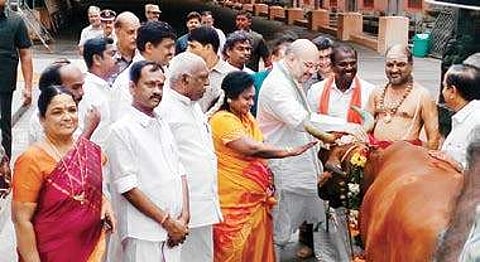 BJP national president petting a cow at the Arunachalaswarar temple in Tiruvannamalai on Tuesday. Minister of State Pon Radhakrishnan, BJP State president Tamilisai Soundararajan, Minister Sevur S Ramachandran and others are also seen | Express