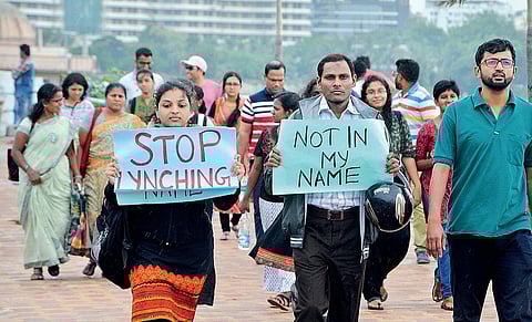 Protesters march during the #NotInMyName demonstration near Tank Bund in Hyderabad on Wednesday | sayantan ghosh