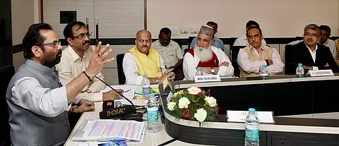 Union Minister of State for Minority Affairs Mukhtar Abbas Naqvi addresses the 76th meeting of the Central Waqf Council in New Delhi on Thursday. (PTI)
