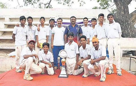 Members of the FSCA team with chief guest M Senthilnathan, former TN cricketer, after winning the Dicky Super Trophy U-16 tournament on Sunday