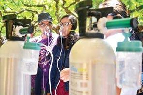Participants inhaling unpolluted air with oxygen bar.