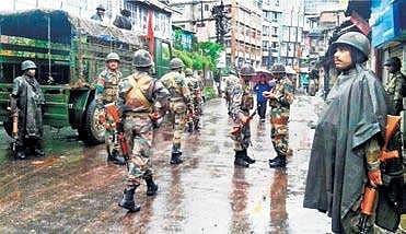 Army personnel deployed in Darjeeling town on Sunday, ahead of the funeral procession of two people who died in police firing the previous day | PTI