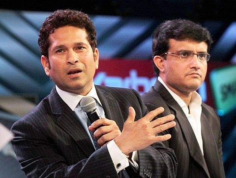 Former Indian skipper Sourav Ganguly (L) and cricket legend Sachin Tendulkar (File | PTI)