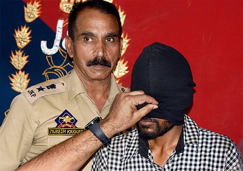 Police arrests Lashkar-e-Taiba militant Sandeep Kumar Sharma resident of Uttar Pradesh from the same house where LeT commander Bashir Lashkari was killed on July 1 at a press conference in Srinagar on Monday. | PTI