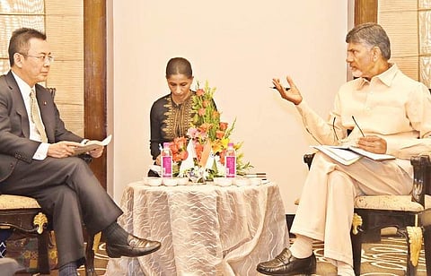 CM N Chandrababu Naidu with Yosuke Takagi, State Minister of Economy, Trade and Industry of Japan, in Vijayawada on Wednesday (EPS)