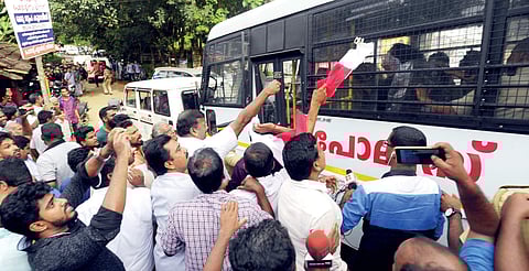 People protesting against Dileep when the police team brought the actor to Santhigiri College, Thodupuzha, to gather evidence | Express