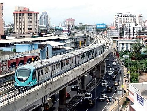 Kochi Metro train moving towards to Maharaja’s College from Palarivattam on Friday Melton Antony