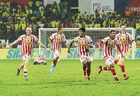 Atletico de Kolkata’s players celebrate after winning the ISL title. | File Photo | Melton Antony