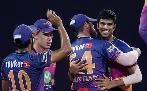 Rising Pune Supergiants bowler Washington Sundar (R) celebrates the wicket. (File | PTI)