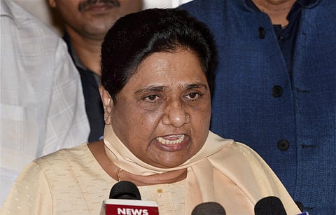 BSP chief Mayawati addressing the media during the the monsoon session at Parliament in New Delhi on Tuesday. | PTI