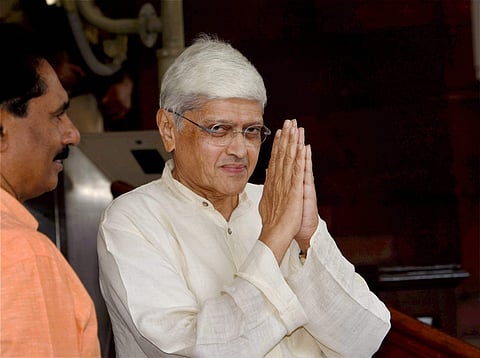 Opposition's joint vice-presidential candidate Gopalkrishna Gandhi on his arrival to file his nomination in Parliament in New Delhi on Tuesday. (PTI)