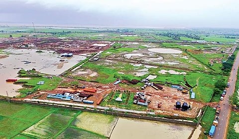Bhadradri power plant surrounded by rain water near Manugur town in Bhadradri Kothagudem district on Monday | Express Photo