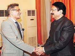 Former Chief Justice of India R M Lodha (left) calls on Governor Ch Vidyasagar Rao at Raj Bhavan on Saturday | Express