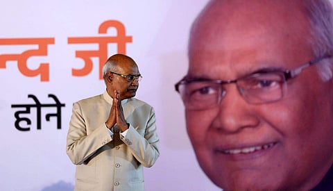 President-elect Ram Nath Kovind on stage at an NDA gathering to felicitate him in New Delhi on Thursday | Express Photo by Shekhar Yadav