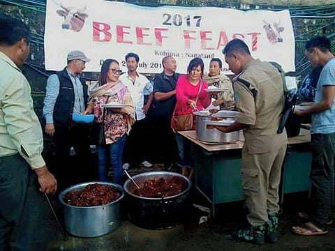Workers of the Naga People’s Front (NPF) held a beef fest at the NPF central office in the Nagaland capital of Kohima on Friday in protest against the “partisan” governor PB Acharya. (EPS)