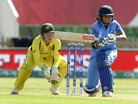 India's Harmanpreet Kaur plays a shot during the ICC Women's World Cup 2017 semifinal cricket match between Australia and India at County Ground in Derby. | AP