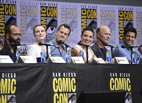 Jeffrey Wright, from left, Evan Rachel Wood, Jonathan Nolan, Lisa Joy, Ed Harris, and James Marsden attend the 'Westworld' panel on day three of Comic-Con International on Saturday, July 22, 2017, in San Diego. (Photo by Richard Shotwell/Invision/AP)