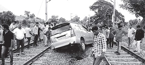 The Innova car which lost control and entered the railway tracks after crashing through the barriers between Kanjikode and Kottekad railway stations in Palakkad.