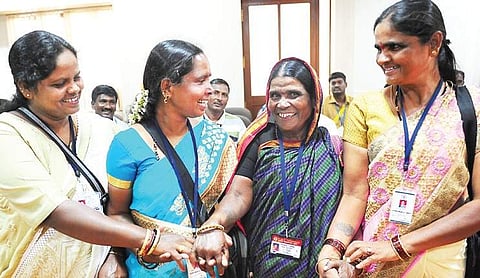Pourakarmikas Neela, Vijaya Kumari, Yellavva and Susheelamma sharing a light moment before leaving for their study tour to Singapore | NAGESH POLALI