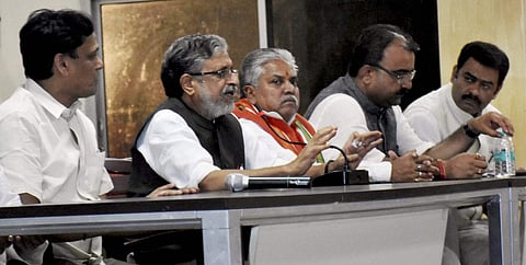 BJP state president Nityanand Rai with senior leader Sushil Kumar Modi and leader of opposition Prem Kumar at Legislative party meeting in Patna on Wednesday. | PTI