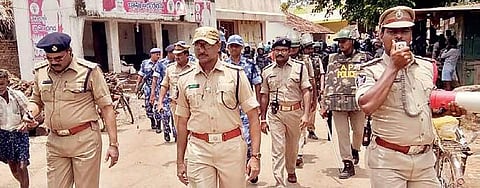Police officials beefing up security at Kirlampudi village in East Godavari where Kapu leader Mudragada Padmanabha gave a call Chalo Amaravati, on Tuesday | EXPRESS photo