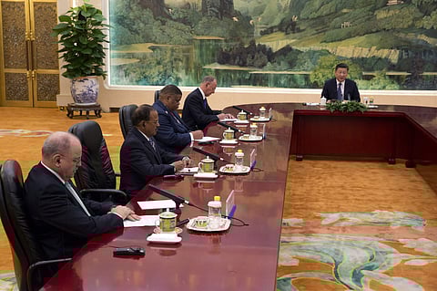 From left, Brazilian Institutional Security Minister Sergio Etchegoyen, Indian National Security Advisor Ajit Doval, South African State Security Minister David Mahlobo and Russian Security Council Secretary Nikolai Patrushev meet with Chinese President X