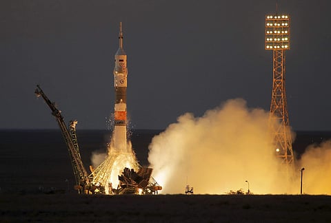The Soyuz-FG rocket booster with Soyuz MS-05 space ship carrying a new crew to the International Space Station ISS blasts off at the Russian leased Baikonur cosmodrome Kazakhstan (PTI)