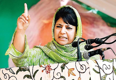Jammu and Kashmir chief minister and PDP president Mehbooba Mufti speaks during the party’s 18th foundation day in Srinagar on Saturday | PTI