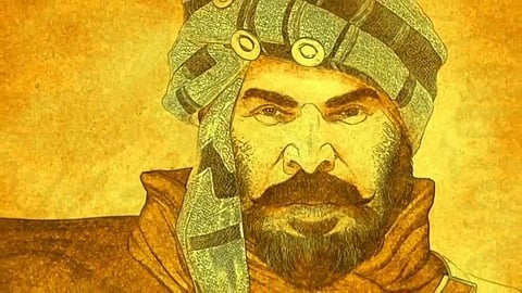 Representational image of legendary warrior Kunjali Marakkar drawn using Mammooty's face as model for the light and sound show directed by popular actor and writer Shankar Ramakrishnan. (Photo | Facebook)
