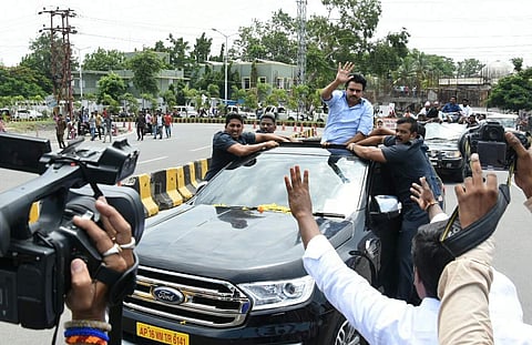 Janasena president Pawan Kalyan on his way to meet CM along with Harvard University experts, in Vijayawada. (Express Photo by P Ravindra Babu)