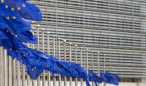 European Union flags blow in the wind at half-staff outside EU headquarters. (File photo | AP)