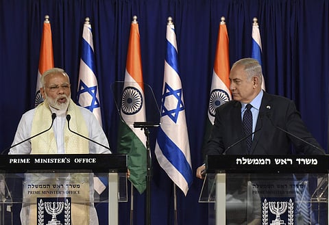 Indian Prime Minister Narendra Modi, left, speaks during a joint press conference with Israeli Prime Minister Benjamin Netanyahu. (File Photo | AP)