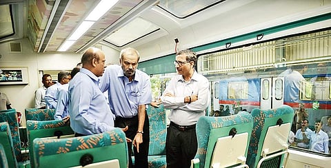 Railway Board chairman A K Mittal along with senior ICF officials inspect the ICRTC Tourist Coach in the city on Tuesday | d sampathkumar