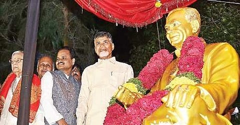 CM N Chandrababu Naidu unveiling statue of Mangalampalli Balamuralikrishna at Tummalapalli Kalakshetram in Vijayawada on Thursday | Express