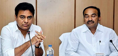 Ministers KT Rama Rao and E Rajender attending a review meeting on Ease of doing business(EoDB) in Hyderabad on Thursday | Express photo