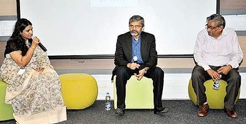 (left to right) Blackbuck CEO T Anuradha, IIT-H director UB Desai and former dean of ISB MR Rao at the launch of the new MBA programme at GITAM university in Hyderabad on Saturday | express