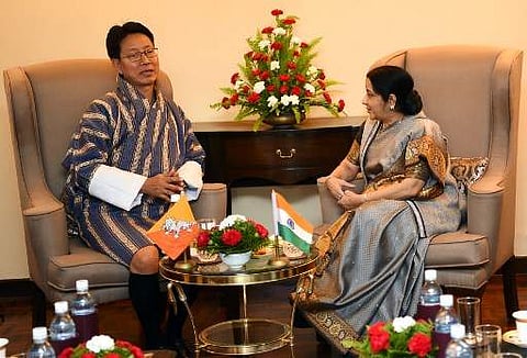 Indian Foreign Minister Sushma Swaraj (R) and Bhutanese Foreign Minister Damcho Dorji. (AFP)