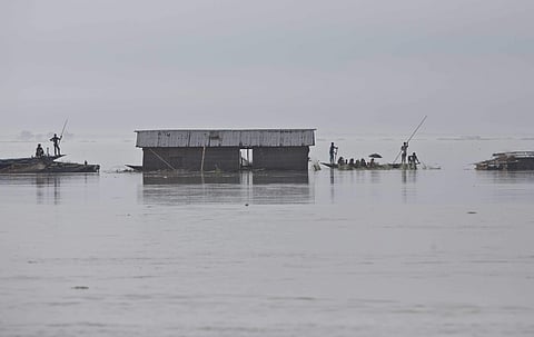 Flood affected villagers move in a boat in search of higher lands in Pokoria village, east of Guwahati, Assam. (Photo | AP)