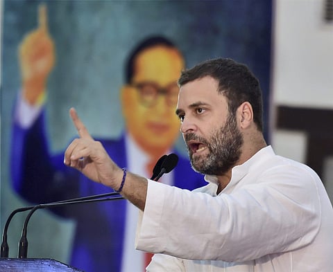 Congress Vice-President Rahul Gandhi addresses a day-long convention 'Sajha Virasat Bachao Sammelan' in New Delhi on Thursday. (PTI)