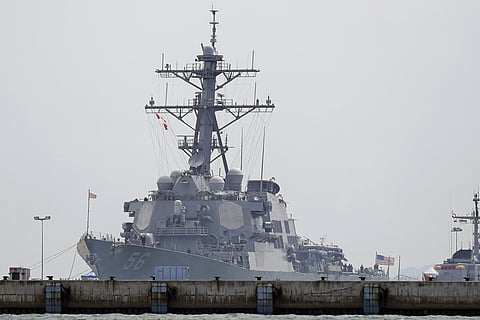 The USS John S. McCain is seen docked at Changi naval base after its accident. | (AP Photo/Wong Maye-E)