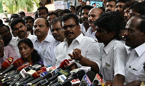 AIADMK MLA Thanga Tamil Selvan speaks at the residence of TTV Dinakaran after submitting a letter to the governor on Tuesday in Chennai. (EPS | P Jawahar)