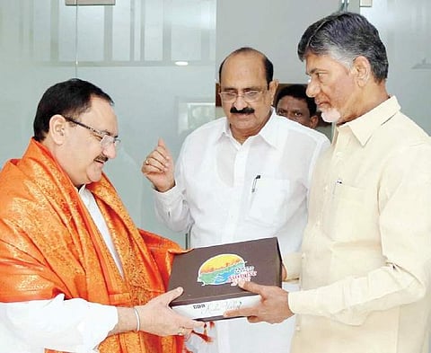 Union Health Minister JP Nadda meets Chief Minister N Chandrababu Naidu at his residence in Undavalli near Vijayawada on Tuesday | Express